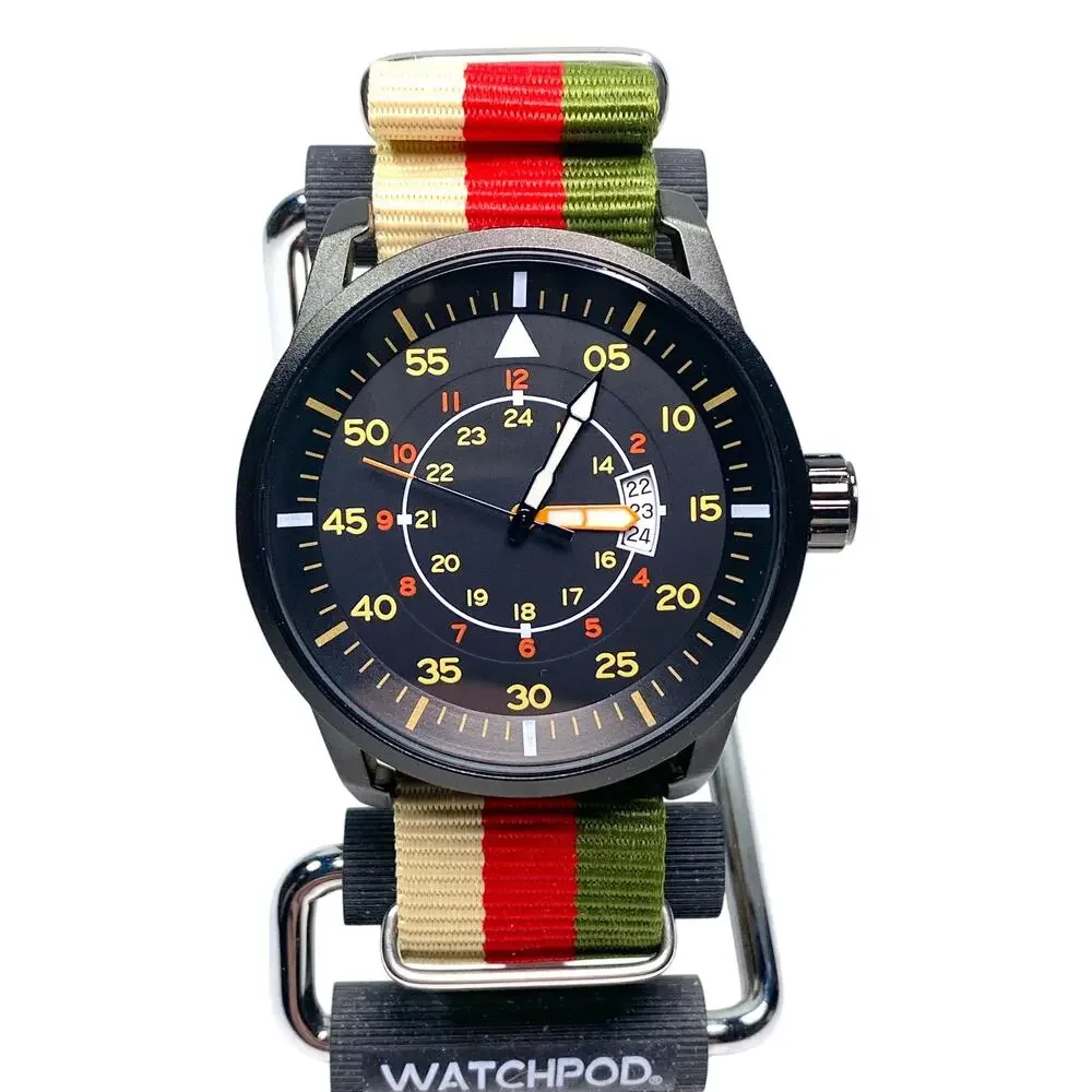 Addiesdive MY-1508 Pilot Flieger Watch 44mm Black Quartz Military Nylon Strap